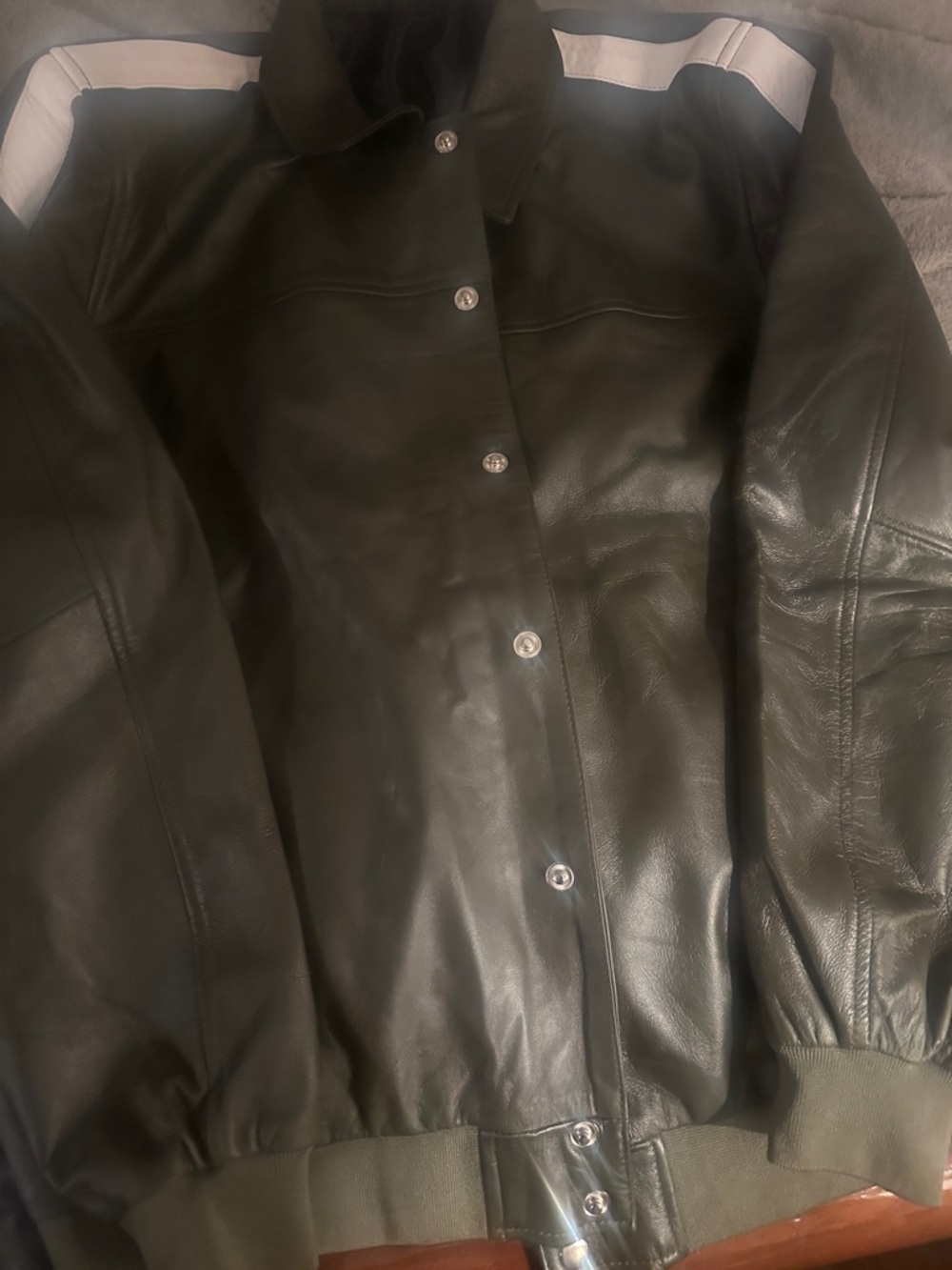 Black Leather Jacket with White Shoulder Stripe